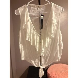 IRIS Basic White Crop Top with Tie, Button Up, Lace Back Sz 1X